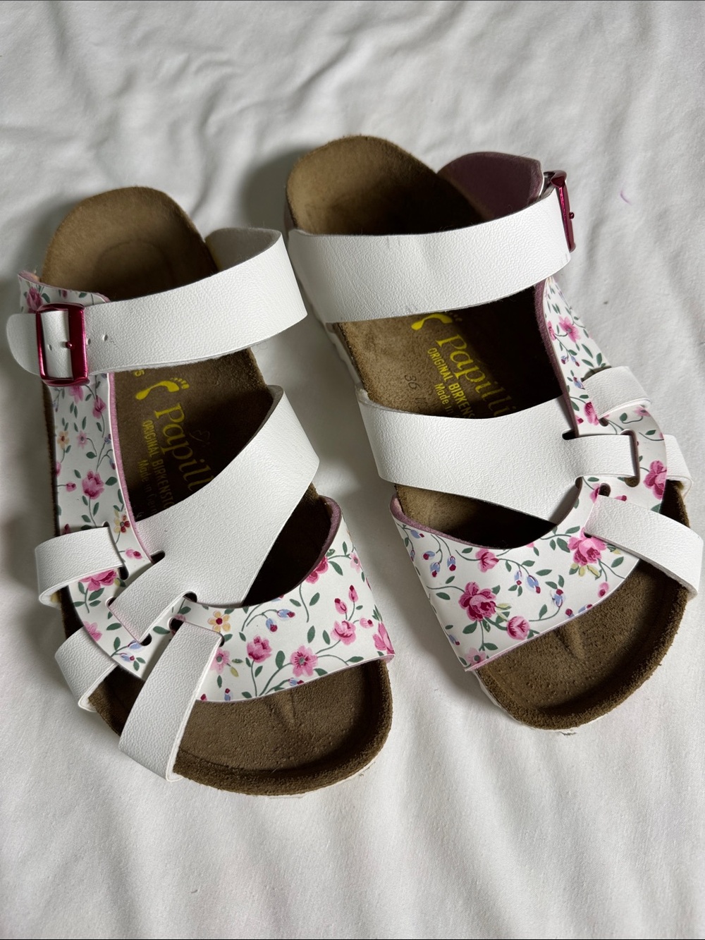 Papillio Birkenstock White Sandals with Pink Floral Print and White Straps. Sz 7